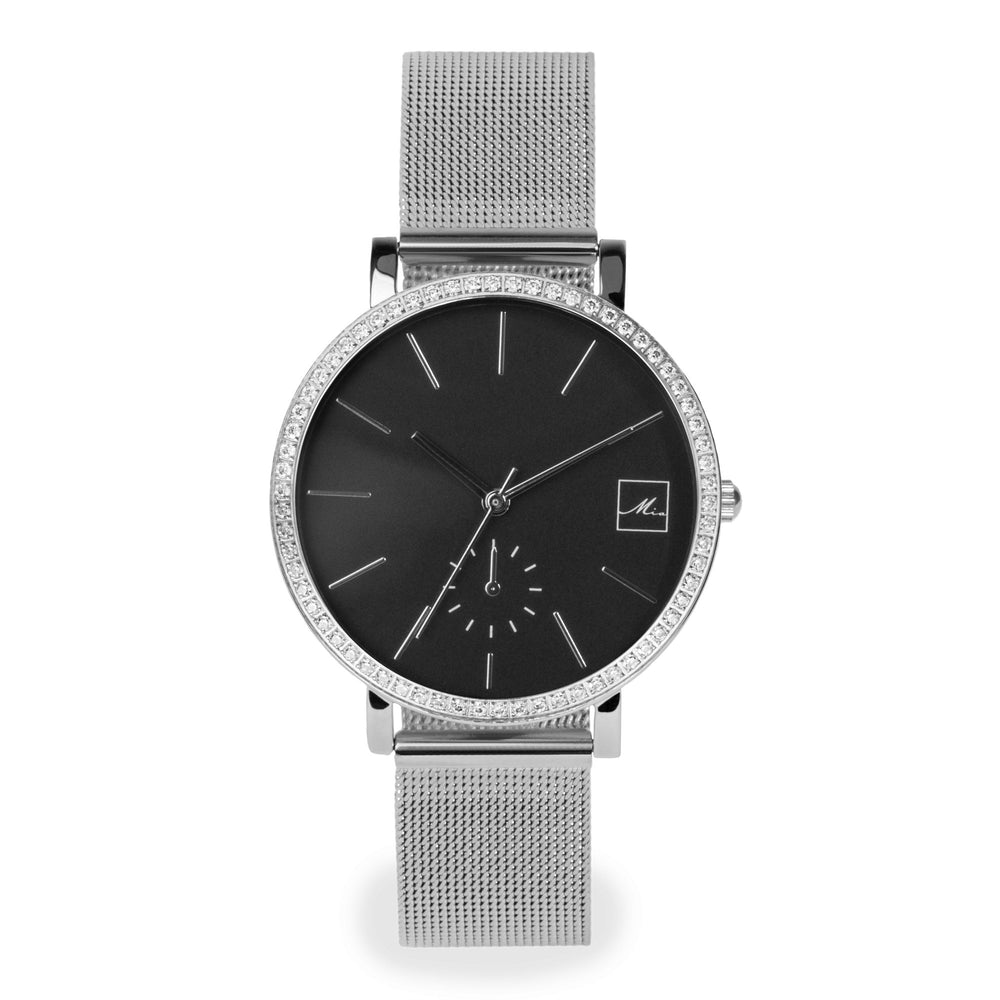 minimal silver black watch with stones