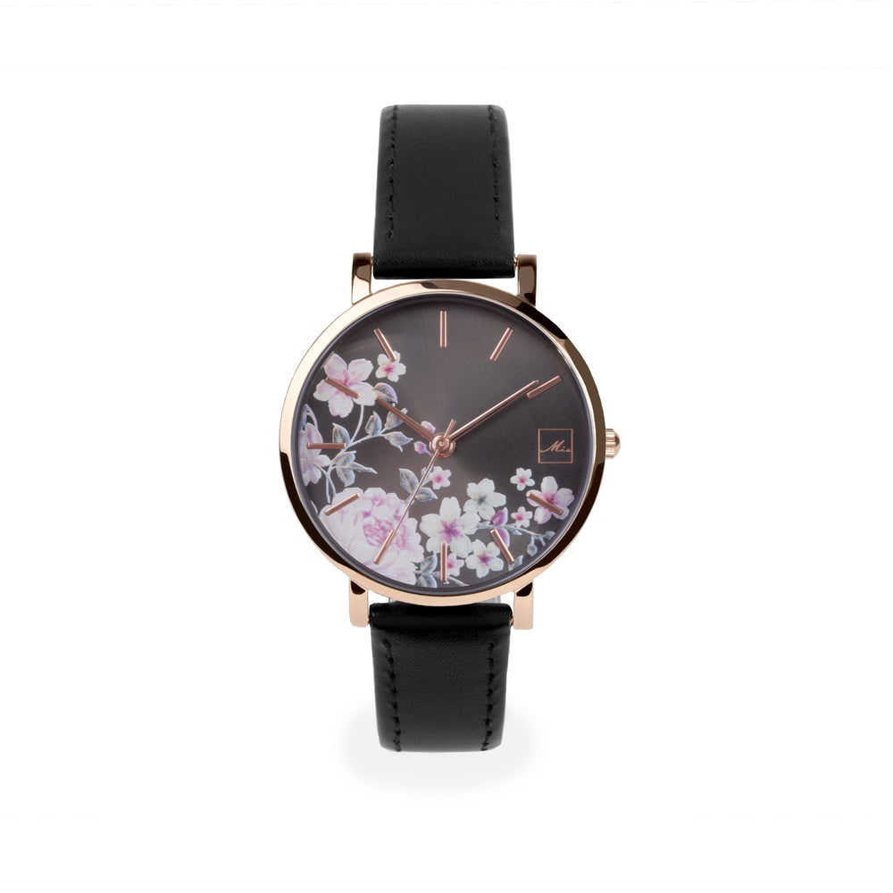 black leather watch with flowers dial W119M01NO MIA Jewelry