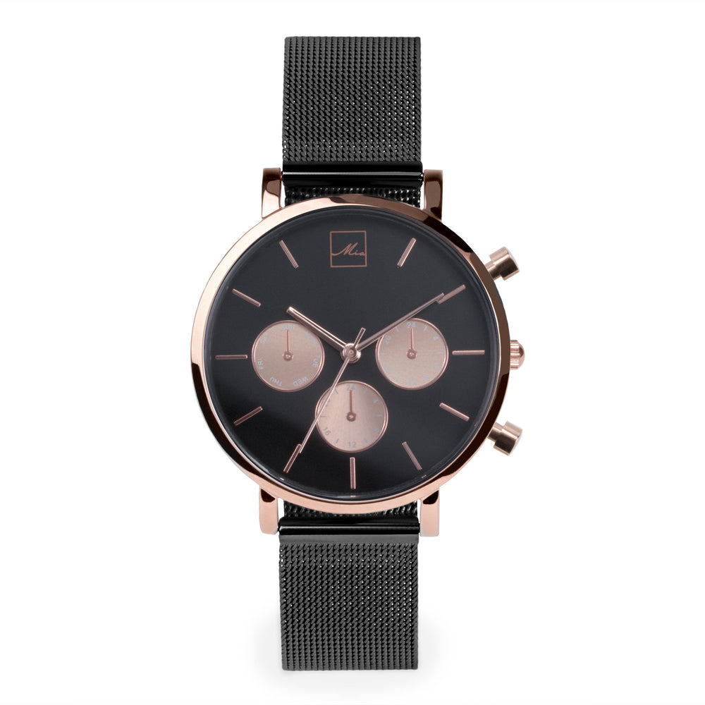 minimal black chrono watch women with rose gold