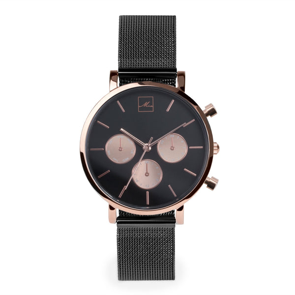 minimal black chrono watch women with rose gold