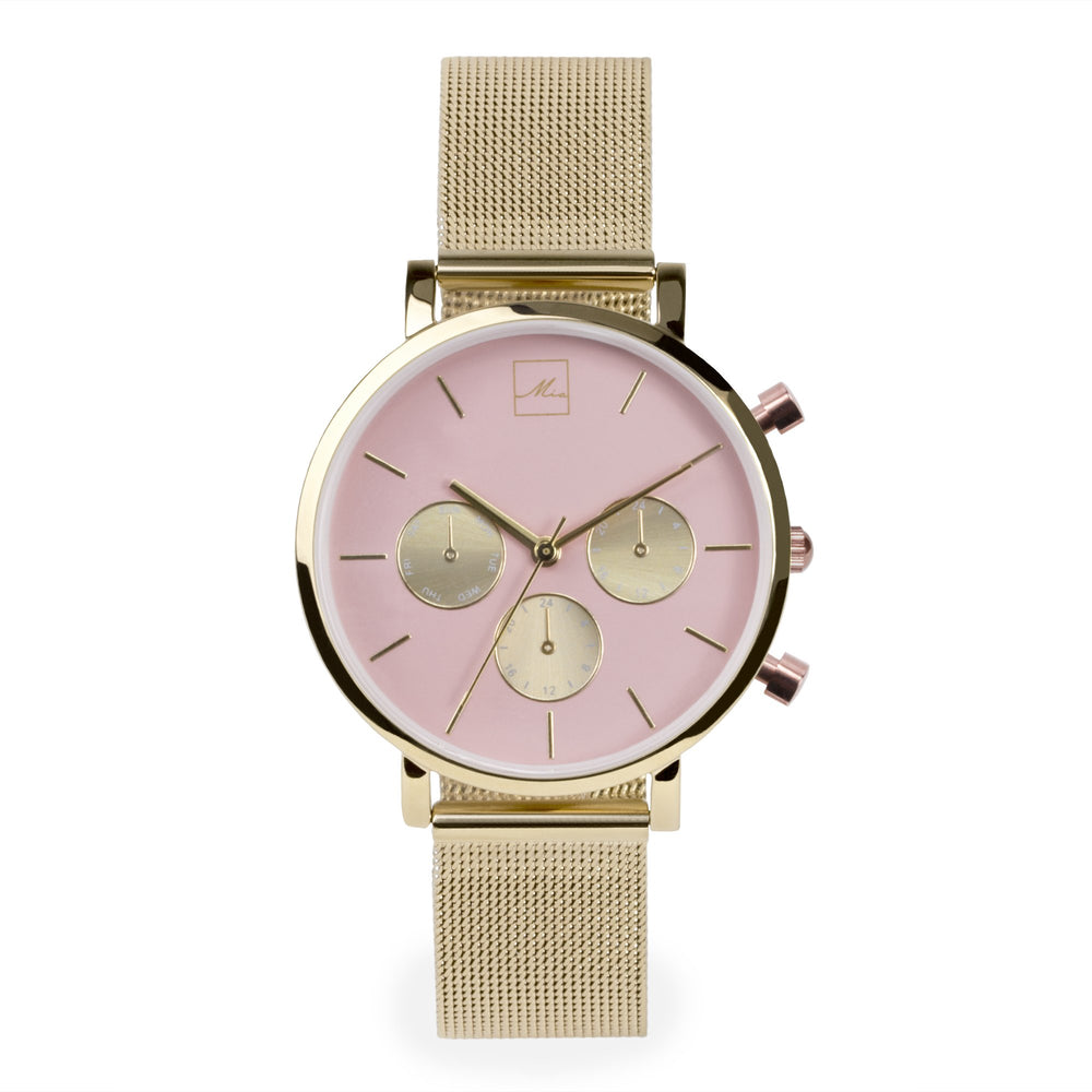 minimal gold chrono pink dial watch women 