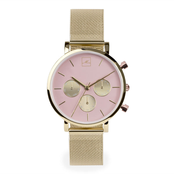 minimal gold chrono pink dial watch women 