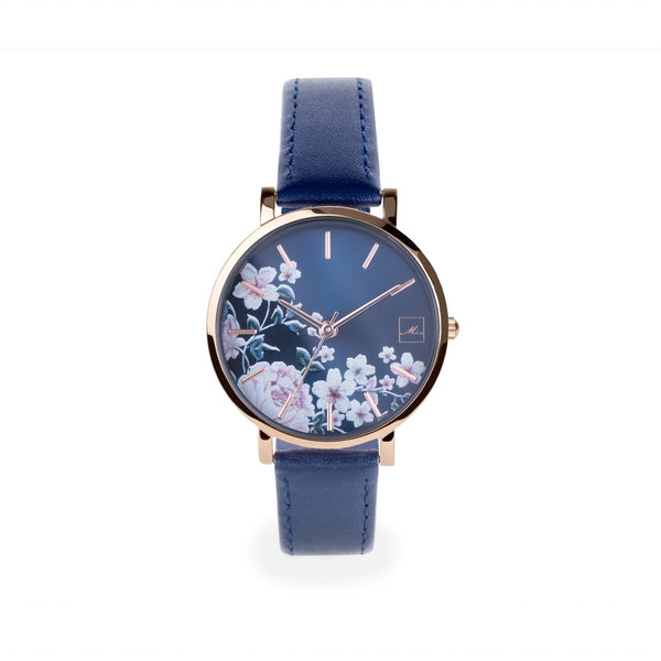 navy leather watch with flowers dial W119M01BM MIA Jewelry