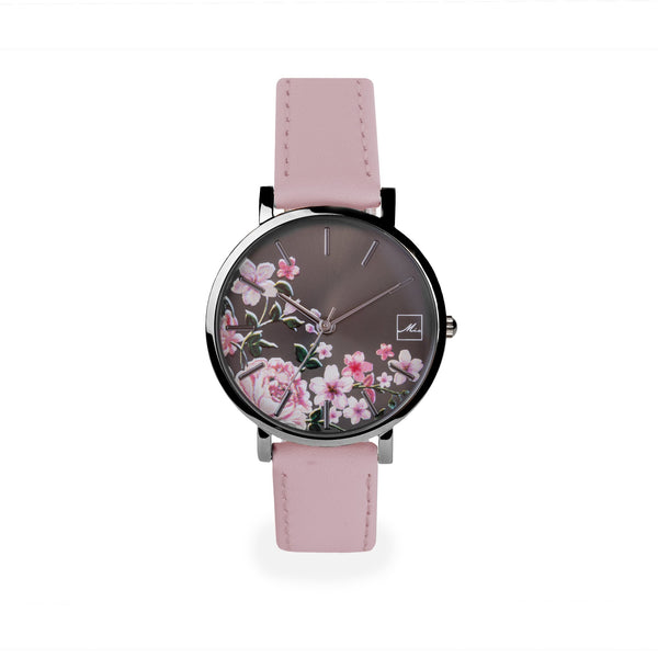 pink and black leather watch with flowers dial W119M01NORO MIA Jewelry