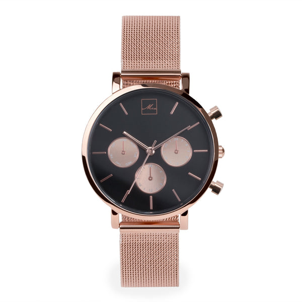 minimal rose gold black chrono watch women