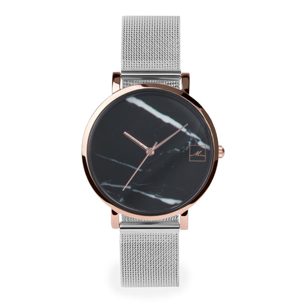 black marble silver mesh watch women