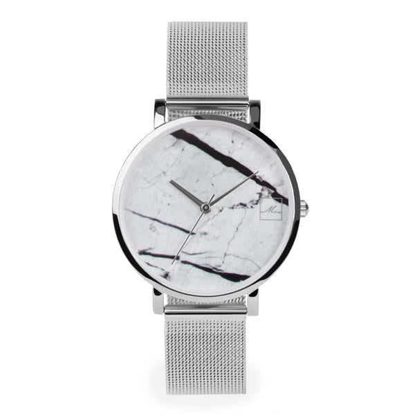 silver white marble watch women