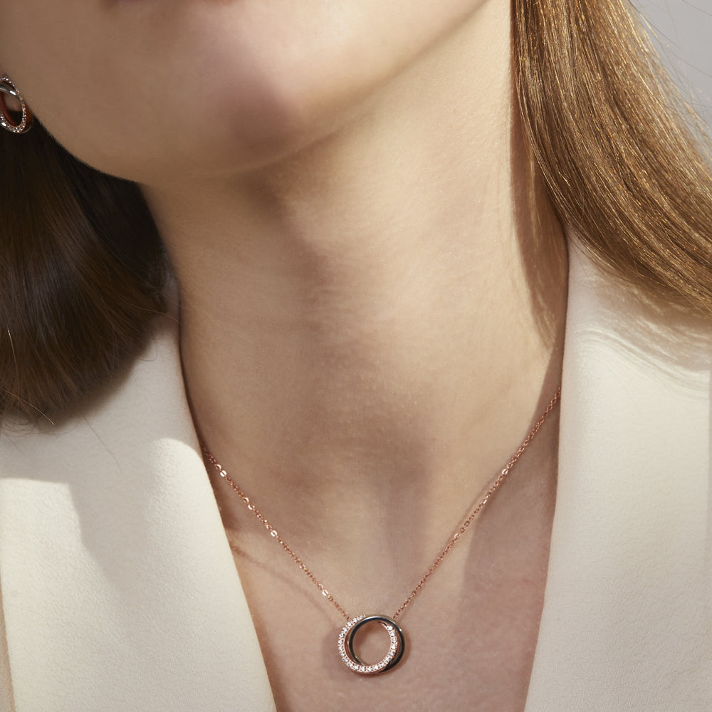 stainless steel gold double circle pendant necklace with stones T119P001DO MIA Jewelry
