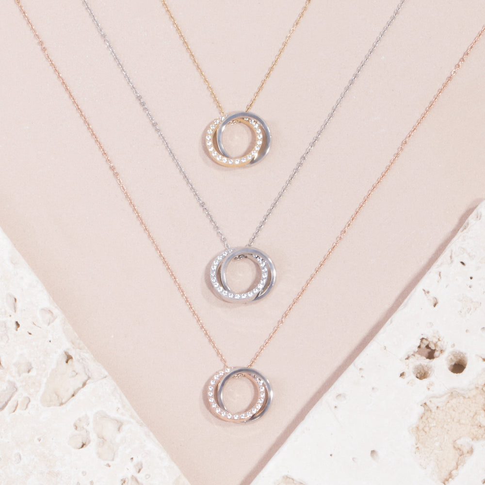 stainless steel gold double circle pendant necklace with stones T119P001DO MIA Jewelry