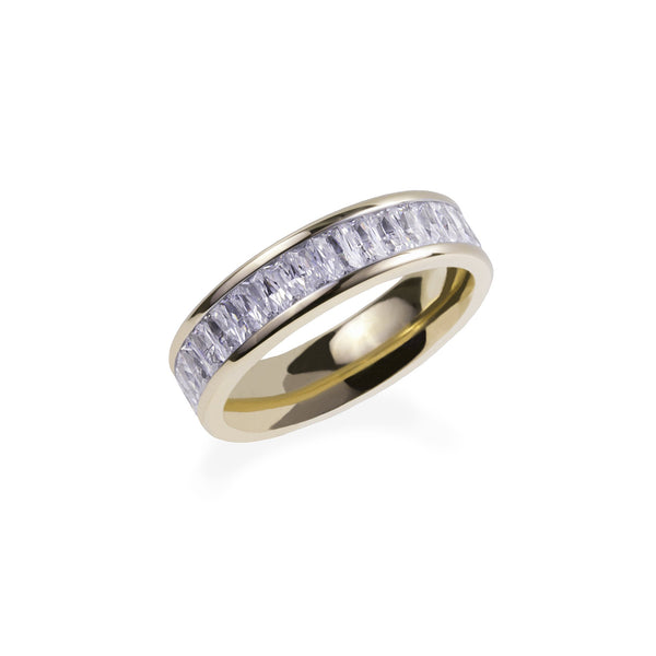 gold eternity ring with rectangle stones