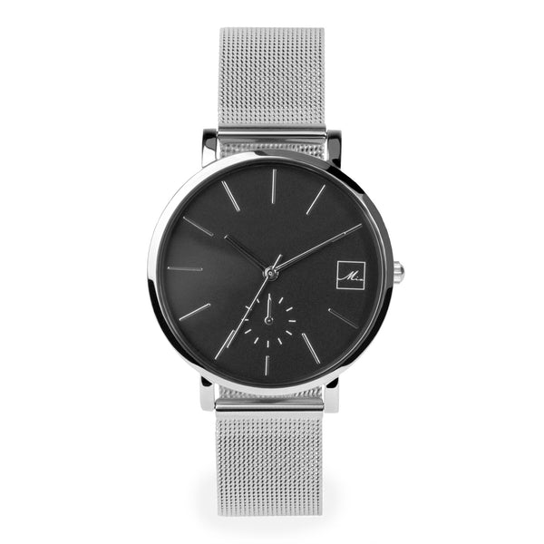 hypoallergenic silver and black dial watch for women