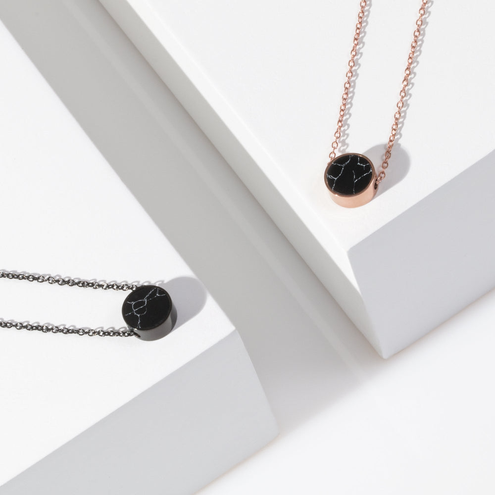 Minimal black marble round pendant necklace Hypoallergenic