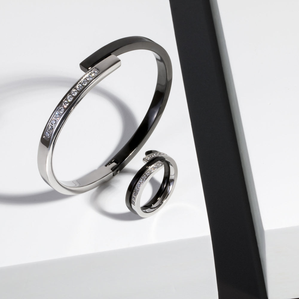 black silver bangle bracelet with stones stainless steel