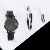 minimal black leather watch for women