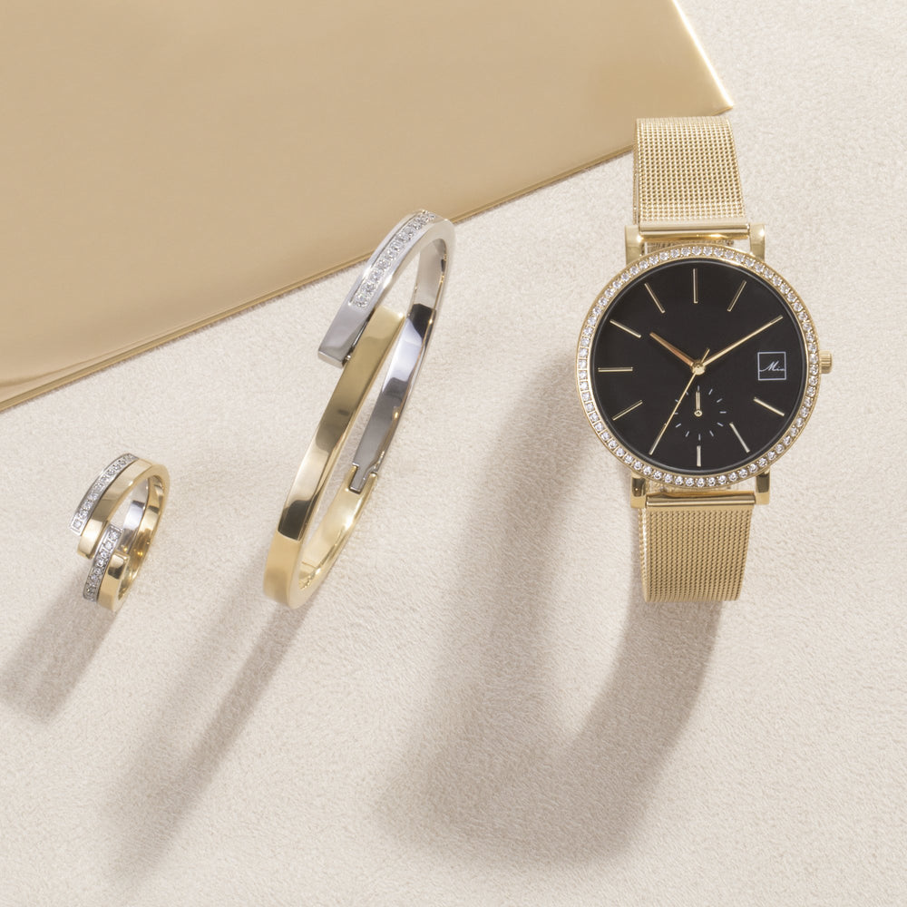 minimal gold watch with stones