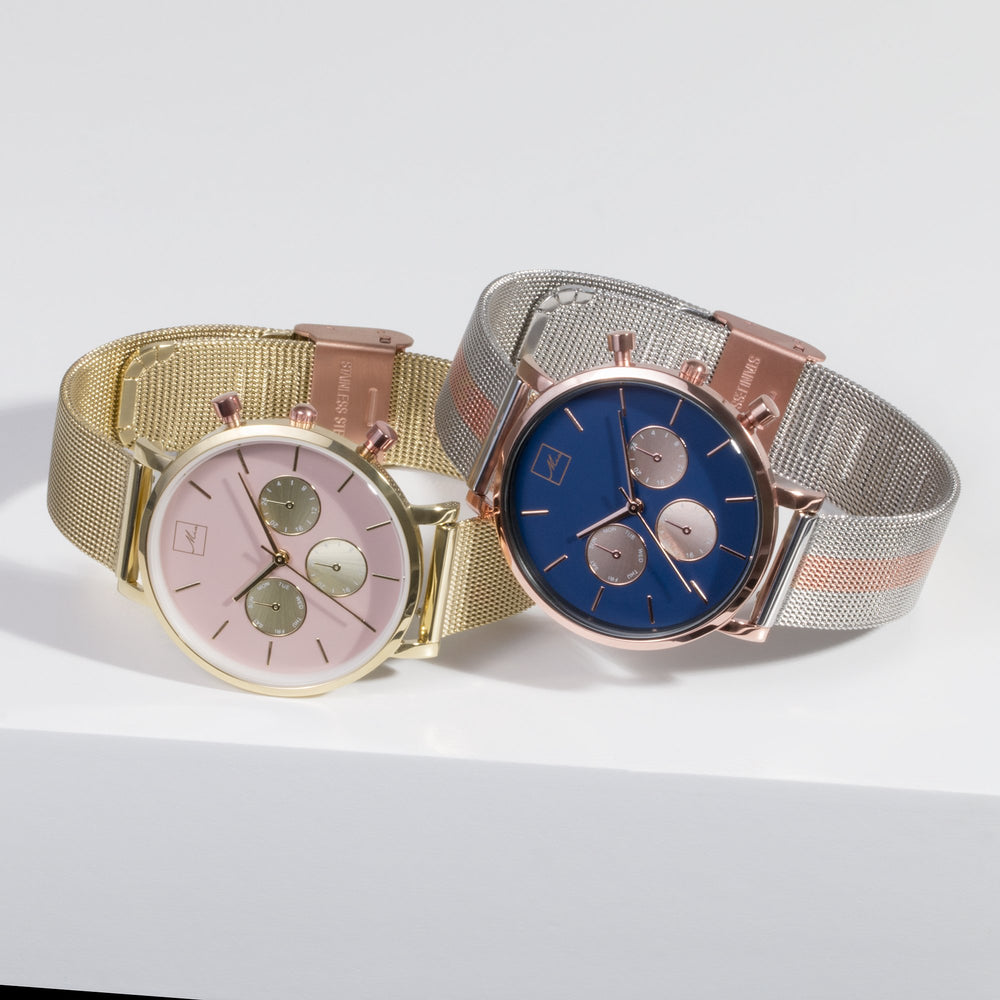 minimal gold chrono pink dial watch women 